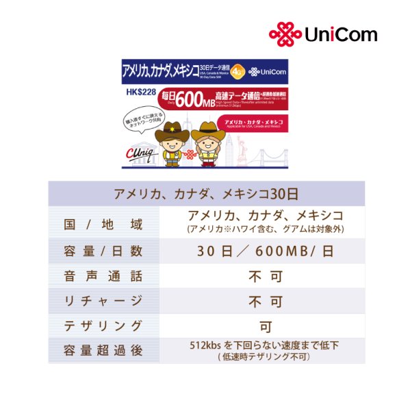 画像2: 不課税【物理SIM/ネコポスゆうパケット発送】China Unicom HK アメリカ / カナダ / メキシコ データ通信専用 プリペイドSIMカード 30日 600MB/日 (2)