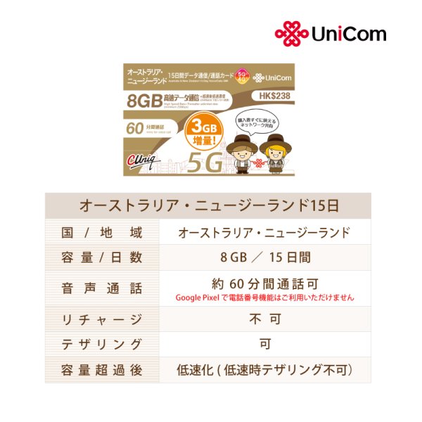 画像2: 不課税【物理SIM/ネコポスゆうパケット発送】China Unicom HKオーストラリア/ニュージーランド 15日間《8GB+3GB》データ通信・国内通話SIMカード (2)