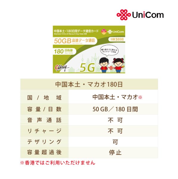 画像2: 不課税【物理SIM/ネコポスゆうパケット発送】China Unicom HK 中国本土/マカオデータ通信プリペイドSIMカード(50GB/180日  ) (2)