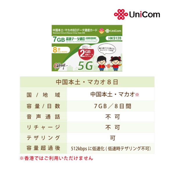 画像2: 不課税【物理SIM/ネコポスゆうパケット発送】China Unicom HK 中国/マカオ データ通信専用 プリペイドSIMカード(7GB+2GB※/8日)   (2)