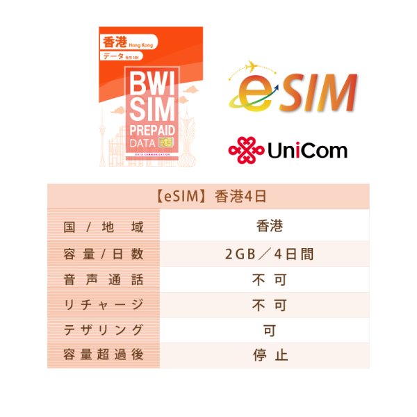 画像2: 不課税【eSIM/メール納品】香港(2GB/4日) データ専用 プリペイドeSIM ChinaUnicom回線 ※※eSIMにつき5％OFF※※ (2)