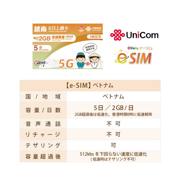 画像2: 不課税【eSIM/メール納品】ベトナム 2GB/日  5日 データ専用 プリペイドeSIM ChinaUnicom ※※eSIMにつき5％OFF※※ (2)