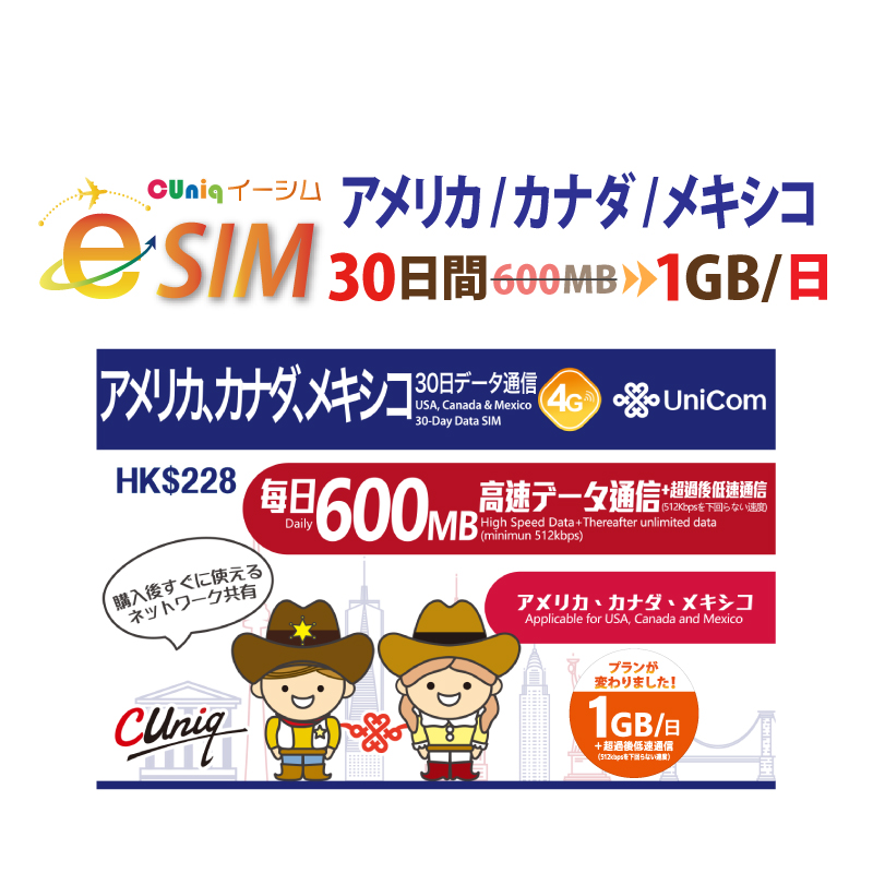 アメリカ/カナダ/メキシコデータ専用　1GB/日　30日プラン