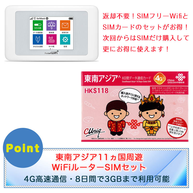 東南アジア周遊simセット 返却不要603hw Simフリーwifiルーターセット