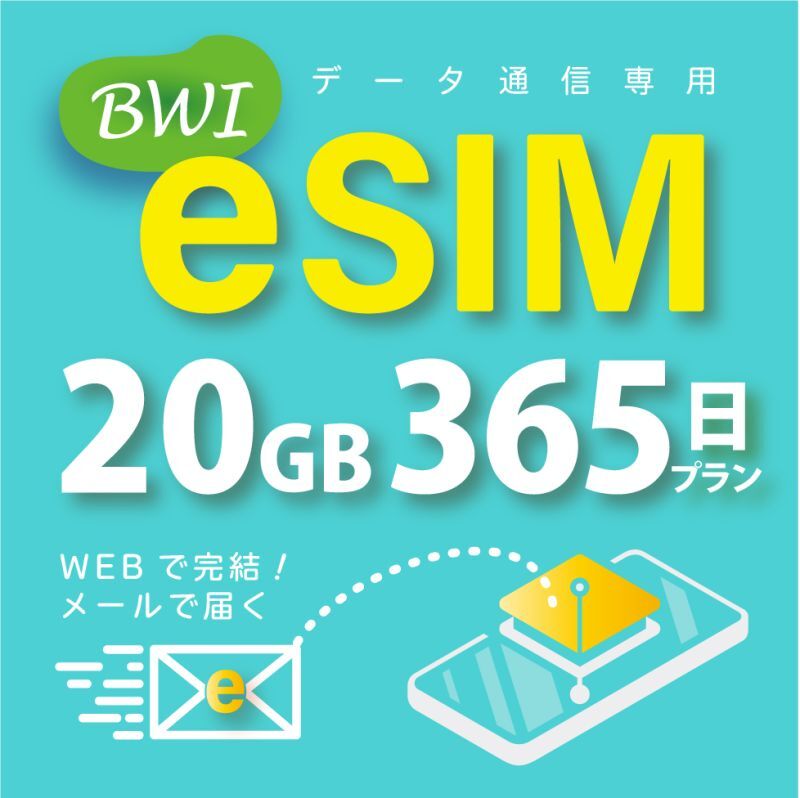 【eSIM/メール納品】docomoMVNO回線 データ専用 SIMカード 20GB/365日※※eSIMにつき5％OFF※※