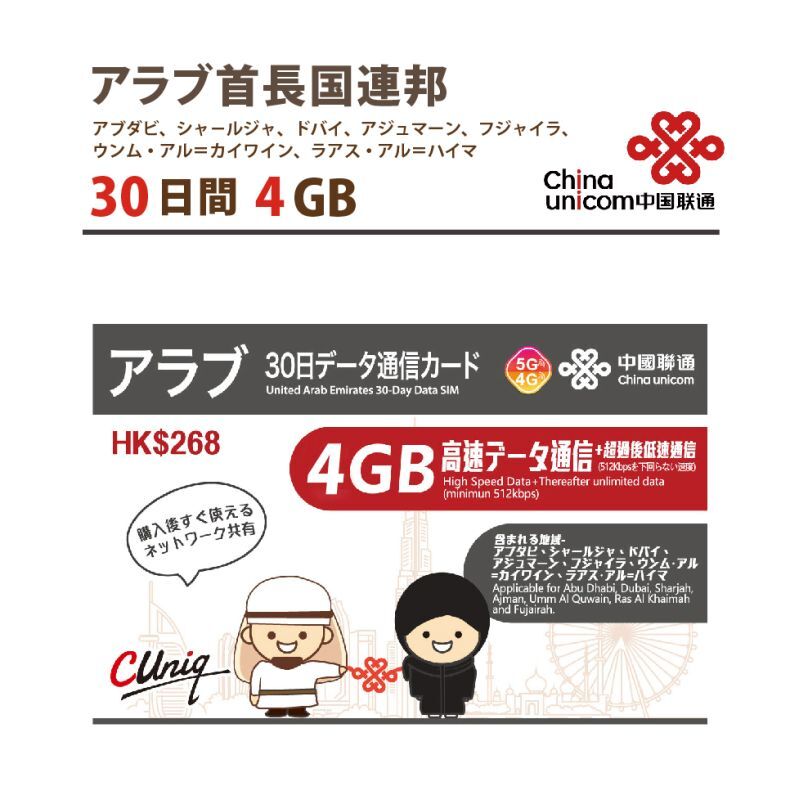 【物理SIM/ネコポスゆうパケット発送】China Unicom HK アラブ首長国連邦 データ通信専用 プリペイドSIMカード 30日 4GB